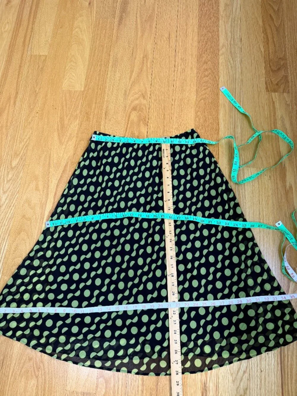 Polka Dot Midi Skirt Green Black Abstract Dots A-Line Flowy (8)